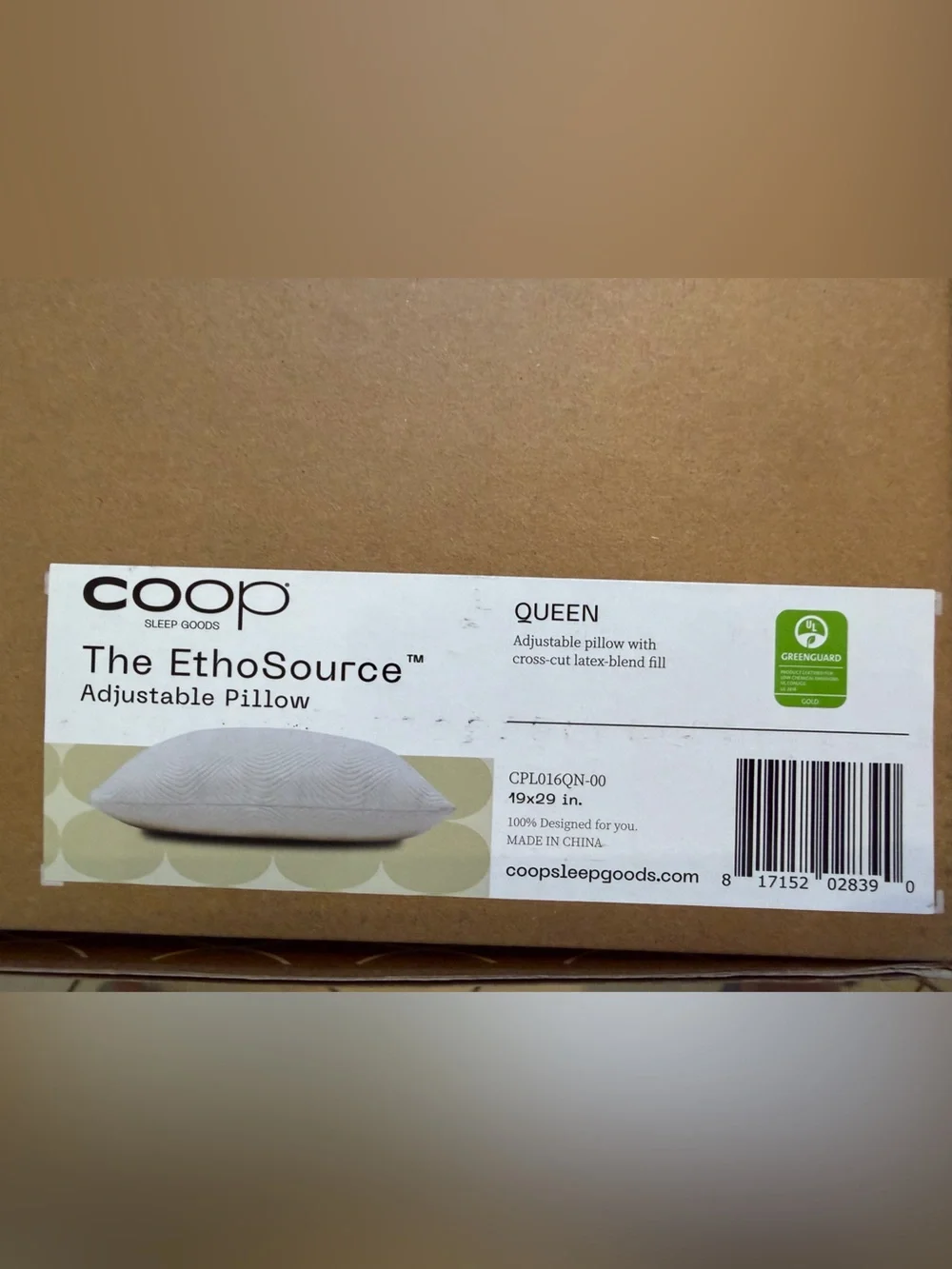 Coop Sleep Goods Ethosource Adjustable Latex Pillow 19x29 NIB Extra Oomph Fill